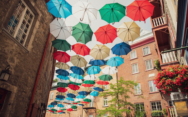 Lot of Umbrellas in Petit Champlain street Quebec city, Canada