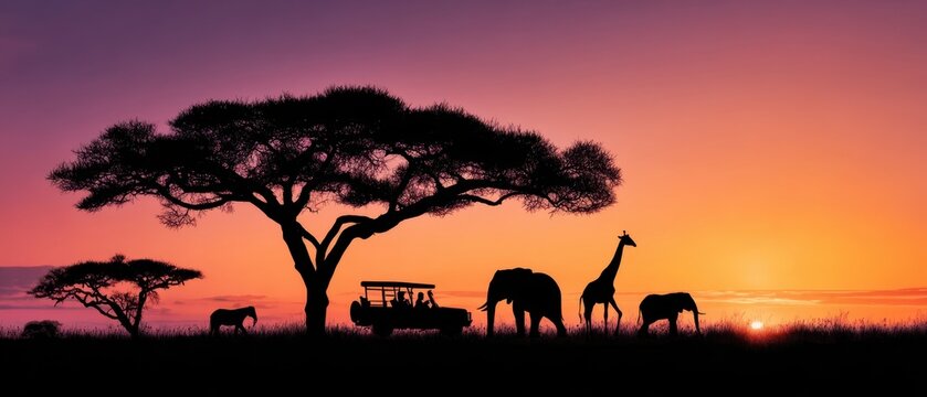 The majestic elephants and giraffes against a vibrant sunset silhouette. - Powered by Adobe