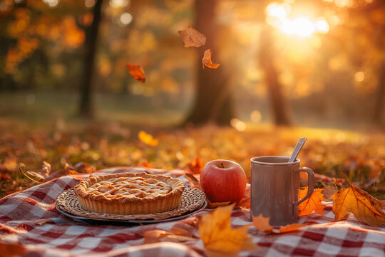 Autumn still life with autumn leaves, a picnic, and sunrise in the park. 