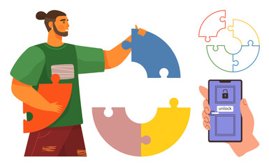 Man holds puzzle pieces, assembling a circle. Smartphone displays lock and unlock button. Ideal for problem-solving, teamwork, creativity, app security, goal setting, innovation simple flat metaphor