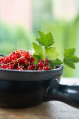 Freshly picked ripe red currants in a dark ceramic bowl, decorated with green leaf on wooden table against bright background. Vertical close-up of healthy seasonal fruits.