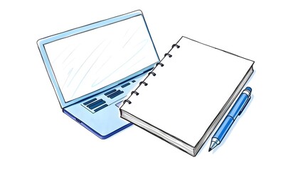 A cool-toned hand-drawn sketch in color sketchnote style depicting a beige notebook and pen beside a closed laptop on a white background, using blues, greens, and purples