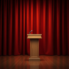 Wooden Podium With Microphone Before Red Curtains stage
