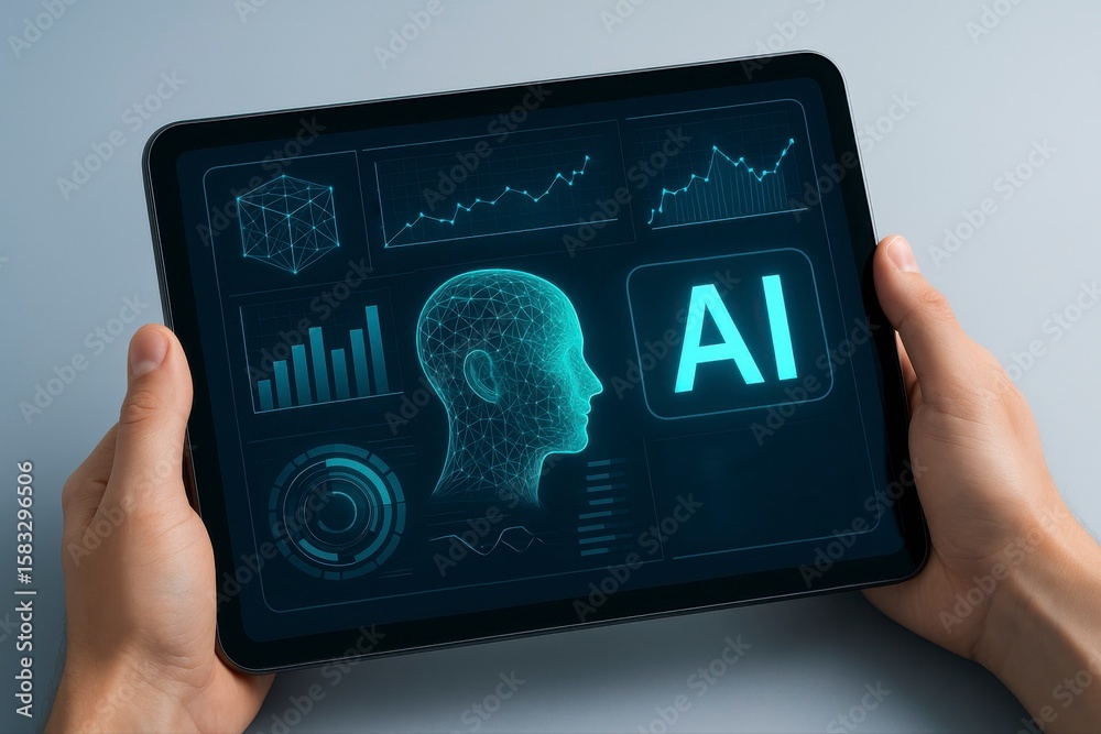 Poster Man holds a tablet displaying artificial intelligence technology and digital graphs for business and automation.