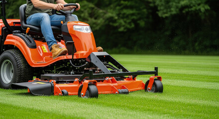 Professional Landscaping: Man on Riding Lawn Mower Cutting Grass. Perfect Stripes on Green Lawn. Lawn Care Services. Residential Lawn Mowing Concept.