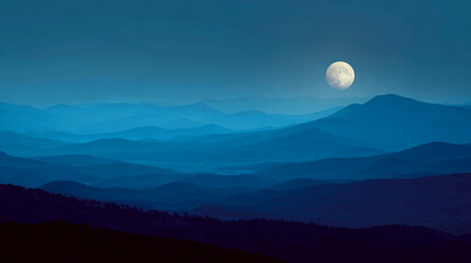 Hazy blue hills with full moon
