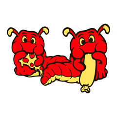 2 Caterpillar Sausage Pizza Eating Fast Food Hungry Salami