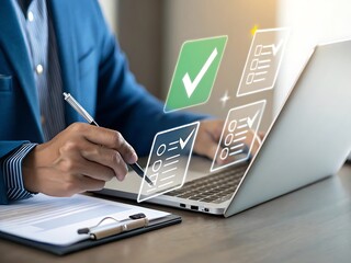 Businessman using laptop and digital checklist with checkmarks for task completion