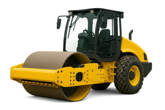 A modern yellow road roller ready for construction work, showcasing its powerful features and robust design.