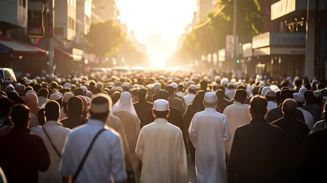 Crowd on city street, sunlit view