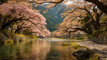 Golden sakura trees over a quiet river