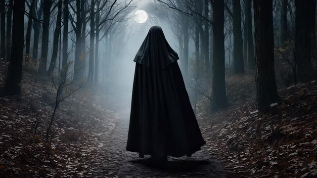 A cloaked figure moves silently along a narrow path in a leaf-strewn forest. Moonlight filters through twisted branches, creating an eerie yet captivating atmosphere under a dark sky