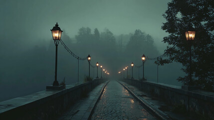 Lantern-lit bridge in foggy scenery