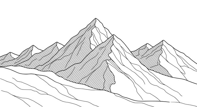 Stylized mountain range with sharp peaks and valleys rendered in a minimalist line art silhouette style isolated on transparent background