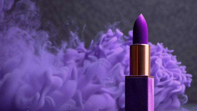 A purple lipstick is shown in the foreground of a purple background. The lipstick is surrounded by a cloud of purple powder, giving the impression of a dramatic and bold makeup look