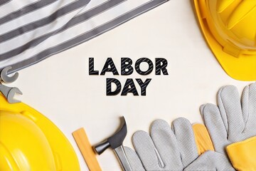 Celebrating Labor Day with tools of the trade, including a hard hat, gloves, wrench, and hammer, acknowledging the contributions of workers and the spirit of American labor.