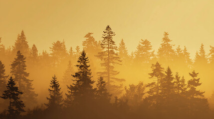 Minimalist forest silhouette in golden fog