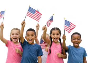 Group of children waving american flags isolated on transparent background