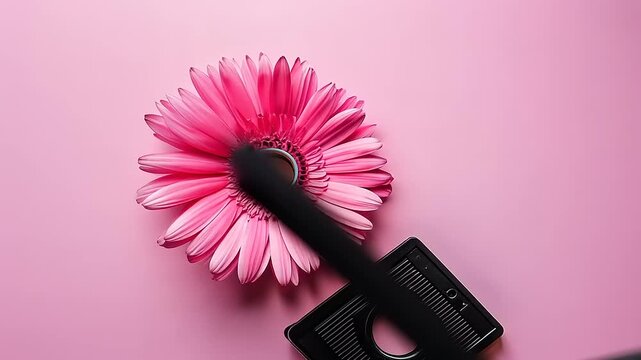 Pink flower and vintage camera on a pink background
