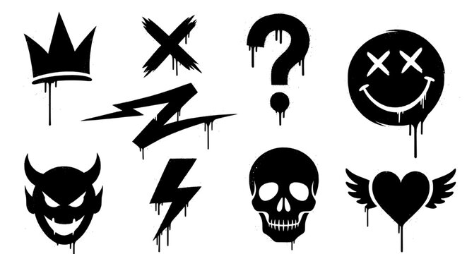 Collection of black graffiti style silhouettes including crowns a devil face crossed out eyes smiley question mark lightning bolts skull and winged heart isolated on transparent background silhouette