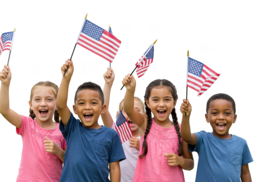 Group of children waving american flags isolated on transparent background