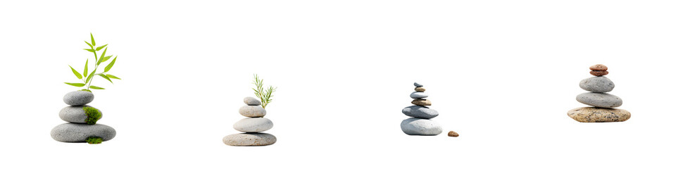 Zen Stone Piles with Greenery on White Background for Balance and Meditation