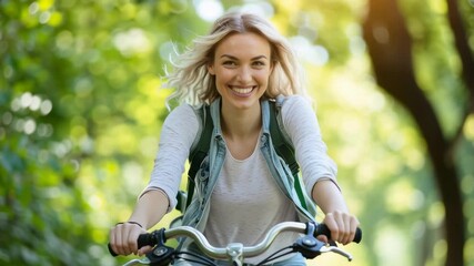 A woman is riding a bicycle in a park. She is smiling and enjoying the ride. Concept of happiness and freedom, as the woman is taking advantage of the beautiful weather and outdoor activity - Powered by Adobe