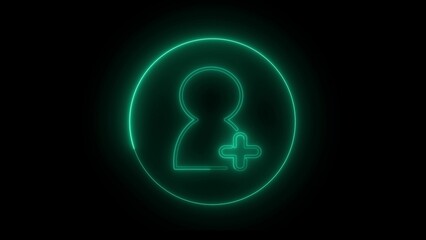 Glowing neon green user icon with plus sign on black background