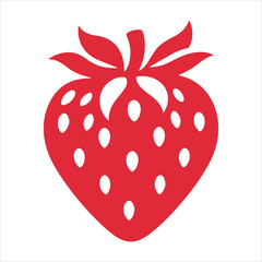 Obraz premium Stylized red strawberry silhouette with white seeds and green leaves