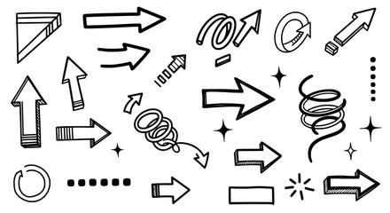 Arrows and elements set : A diverse and dynamic collection of arrows and graphic elements, perfect for illustrating direction, progress, and concepts. Hand-drawn style with a clean design.