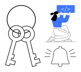 Woman coding with a text editor, two interconnected security keys, and an alert bell. Ideal for programming, cybersecurity, notifications, software development, data privacy, user interface simple
