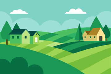 green fields stretching behind peaceful village