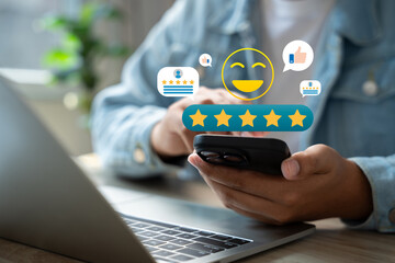 Experience excellent customer service, User give five star rating on online application, Positive feedback, Happy, Smiley face icon. Customer Reviews in Digital Survey, Satisfaction.