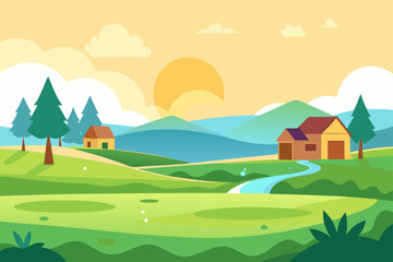 Obraz premium peaceful morning in village with dew covered fiel