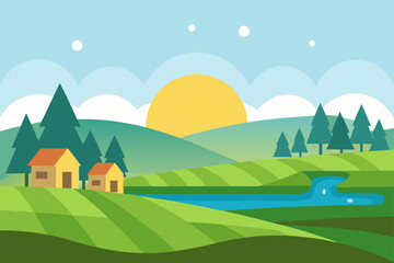 Naklejka premium peaceful morning in village with dew covered fiel