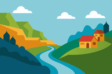 rural village near river bend with rocky cliffs