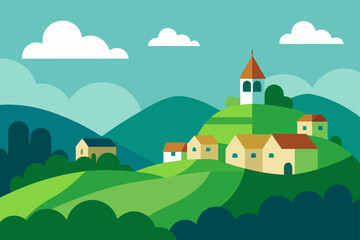 Naklejka premium secluded village in green hills with cloudy sky