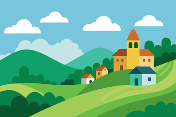Naklejka premium secluded village in green hills with cloudy sky