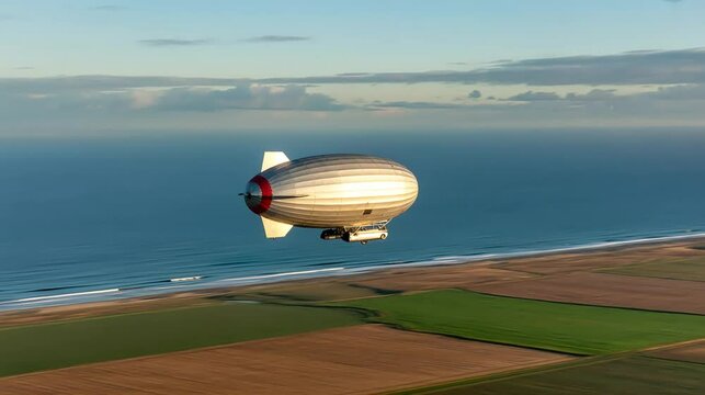 White blimp and colorful hot air balloons fly over a river and green landscape high quality cinematic videos footages