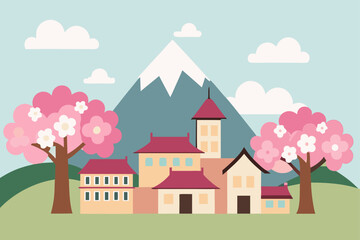 tranquil village nestled in cherry blossom trees