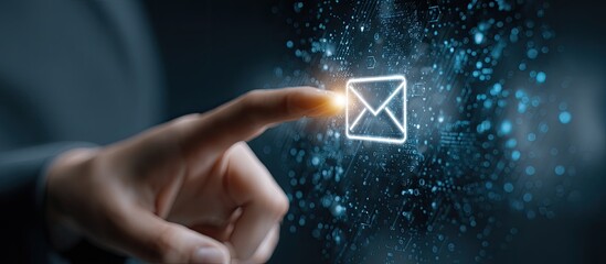 A hand touches a glowing email icon over a digital background