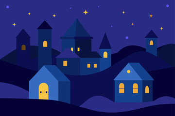 Fototapeta premium village under starry night sky with glowing windo