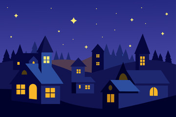 village under starry night sky with glowing windo