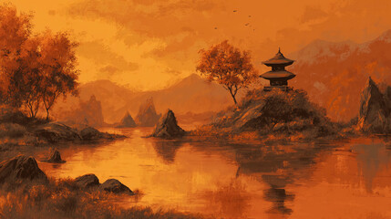 Modern fusion Asian landscape in orange hues