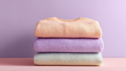 Stacked pastel sweaters on a pastel background