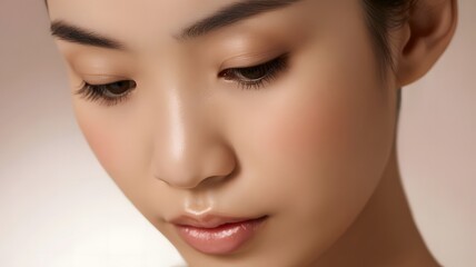 Fototapeta premium A close-up beauty portrait photograph of a young Asian woman with meticulously applied, dark-brown e