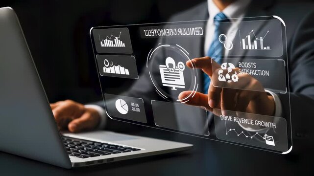 Close-up of businessman interacting with digital screen showing customer journey insight, boosting satisfaction, journey tracking, experience, and revenue growth strategy