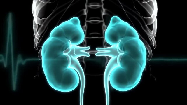 Cyan Neon Kidneys Against Black Backdrop with White X Ray Skeleton and Pulsing EKG Line for Medical Education and Awareness