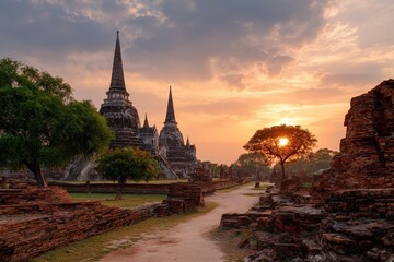 Fototapeta premium Historic Southeast Asian temple ruins with majestic stupas and brick remnants under a vibrant sunset sky