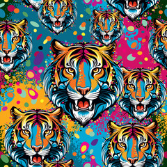 Tiger Head Rainbow colors paint stains Vector Artistic Portrait Seamless Textile Motive Pattern
